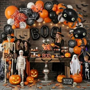 Halloween party decoration balloons set with spider pumpkin and skeleton foil balloons for events.