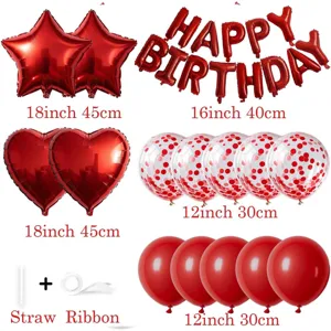 Red birthday balloon set including foil star heart letter balloons latex balloons and ribbons.