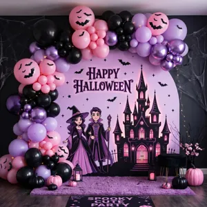 Halloween Party Hintergrund Deko-Set mit rosafarbenem Ballonbogen und Schloss Design
