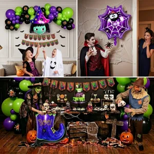 Halloween party decoration balloon set featuring witch and spider designs for festive events.