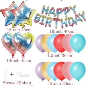Detailed view of rainbow birthday balloon set including foil stars, letters, and latex balloons.