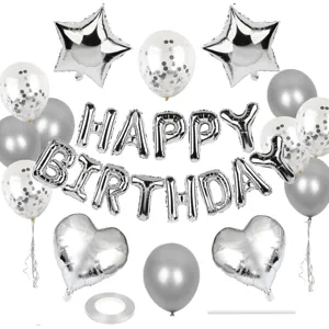 Silver birthday party balloon set with foil letter balloons, stars, hearts and confetti.