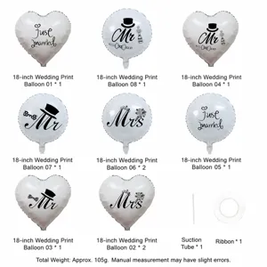 Detailed view of wedding foil balloons set with various Mr, Mrs and Just Married prints.