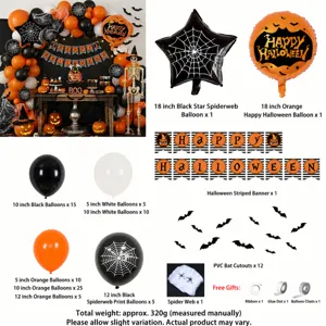 Halloween balloon decoration set with pumpkin, spider, and bat elements for party decor setup