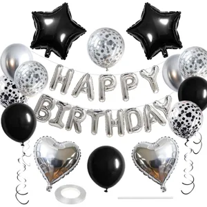 Black and silver birthday party balloon set with foil letter star heart balloons decor