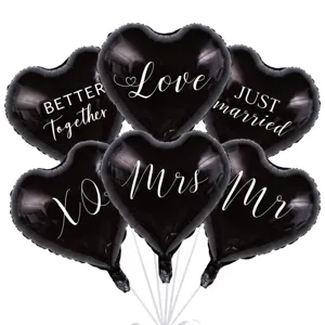 Set of 6 black heart foil balloons with romantic white prints for weddings and party decor.