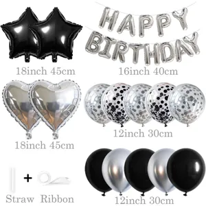 Birthday decoration balloon set details showing star, heart, letter and confetti latex balloons.