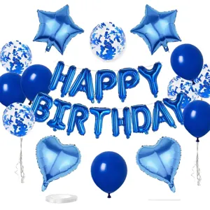 Blue birthday balloon set with foil letter balloons, star balloons, and confetti latex.