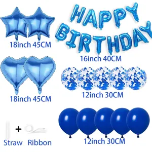 Blue birthday party balloon set including star, heart and letter foil balloons for decor.