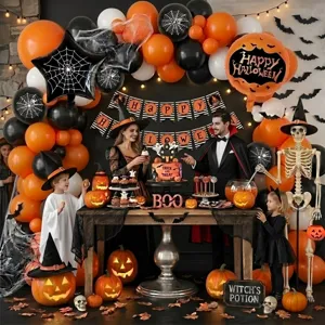 Halloween party balloon set with pumpkins, skeleton props, and spider web foil balloons.