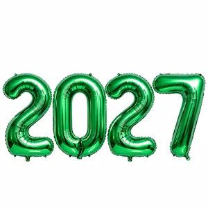 Green 2027 foil number balloons detail shot, 32 inch party decoration for new year celebration.