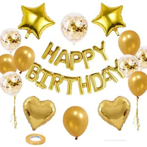 Detailed view of birthday party balloon set with gold foil letters and confetti.