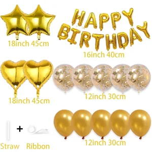 Birthday party foil balloon set with star heart letter balloons and confetti latex balloons.