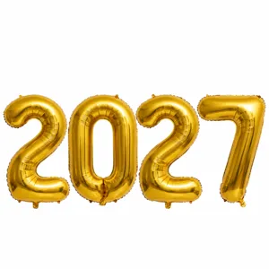 Detailed view of 32 inch gold foil 2027 number balloons set with inflation straw accessory.