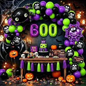 Halloween balloon arch kit with BOO letter foil balloons and spider decorations for party.