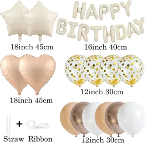 Complete birthday balloon decoration set with foil star heart letters and confetti latex balloons.
