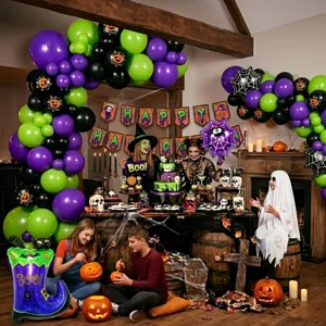 Halloween balloon arch set with spider and pumpkin designs for party background decoration.