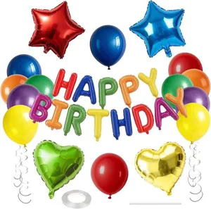 Detailed view of colorful birthday balloon set with foil letter balloons and latex balloons.