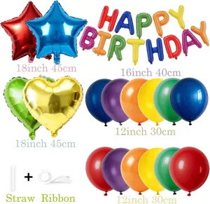 Birthday party balloon decoration set including foil star heart letter and latex balloons.