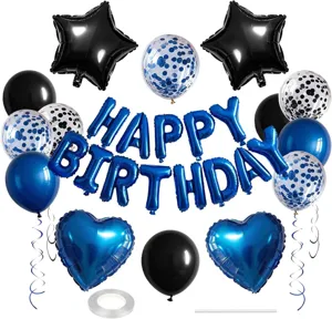 Detailed view of blue and black birthday party balloons set featuring letter foil balloons.