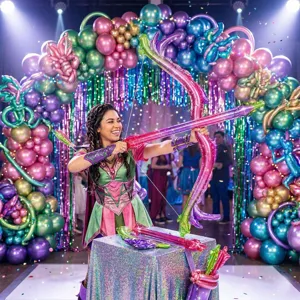 Cartoon foil balloon bow and arrow set for kids birthday party and celebration scene decor.