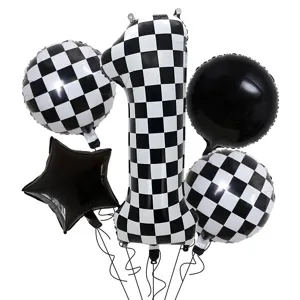 Detailed view of black and white checkered racing theme foil balloons set for party decor.