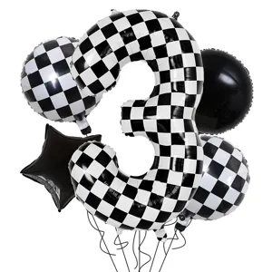 Black and white checkered racing birthday balloon set, 40 inch number 3 party decoration supplies.