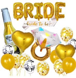 Bachelorette party balloon set with BRIDE letters, diamond ring and bottle foil balloons.