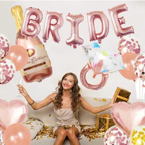 Bachelorette party rose gold balloon set with BRIDE letters, champagne and ring foil balloons.