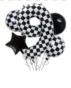Black and white checkered number 9 balloon set for racing themed birthday party supplies.