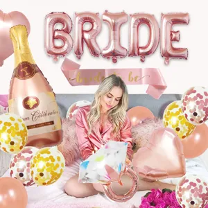 Rose gold BRIDE letter balloons and champagne foil balloon set for bachelorette party.