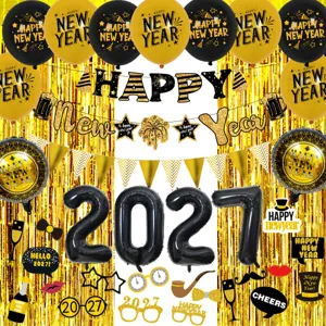 New Year party decoration set with black gold balloons and 2027 number balloons backdrop