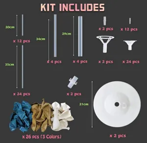 Balloon tree stand kit for party decoration, includes tubes, base, and assorted balloons.