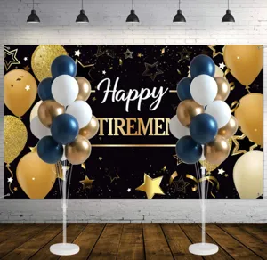 Retirement party backdrop banner and balloon column stand set for celebration decoration.