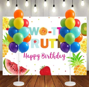 Balloon tree columns set for party decoration, colorful balloons with backdrop banner for events.