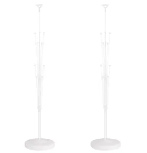 Close up detail of white plastic balloon stand columns with base and multiple holders for party.