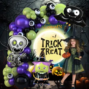 Halloween balloon arch kit with skeleton and witch foil balloons for holiday party decor.
