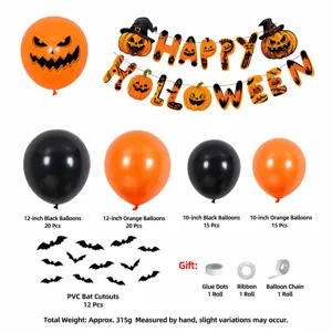 Halloween party decoration set including pumpkin print balloons, banner and bats.