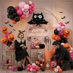 Halloween Party Deko Set mit Geister Skelett Fledermaus Folienballons und Kürbis Requisiten.