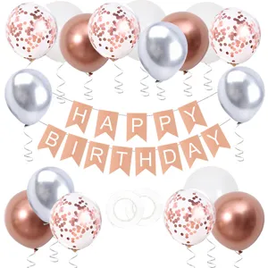 Birthday party balloon decoration set with rose gold silver balloons and happy birthday banner.