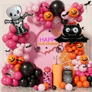 Halloween Party Ballon-Set mit Skelett- und Fledermaus-Folienballons fuer gruselige Deko.