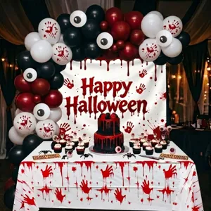 Halloween Party Ballon Dekorationsset mit gruseliger Bluthandabdruck Kulisse und Tischdeko.