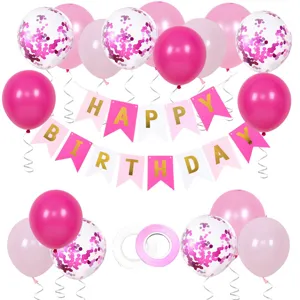 Pink birthday party decoration set with latex balloons, confetti balloons and banner.