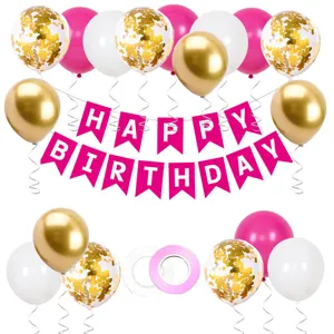Birthday party decoration set with colorful balloons and banner for kids celebration.