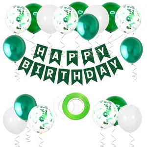 Birthday party balloon decoration set with green white confetti balloons and happy banner.