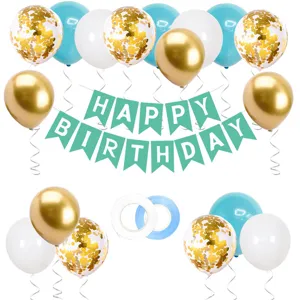 Birthday party decoration set with colorful balloons and happy birthday banner for children.