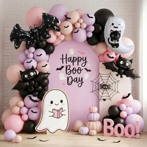 Pink purple black Halloween balloon arch kit with cute ghost bat foil balloons for party decor