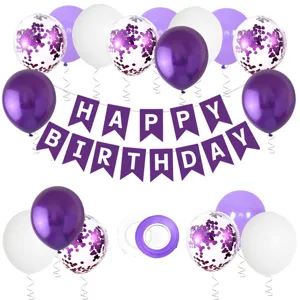 Birthday party decoration set with purple white balloons and happy birthday banner