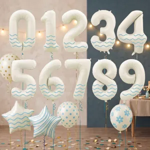 32 inch milky white number balloons with blue wave patterns for birthday party decor wholesale