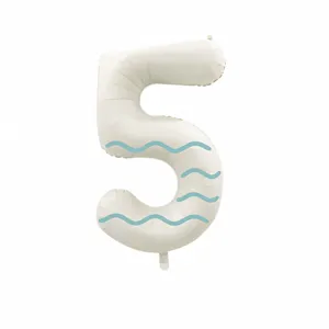32 inch milky white number 5 foil balloon with blue wavy pattern for party decor